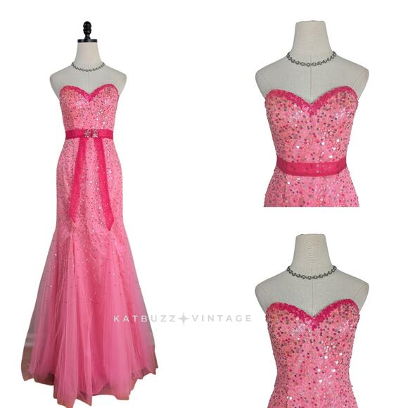 Vintage Prom Dress Maxi Gown 4 Pink Y2K Sequin Strapless Coquette Girly Mermaid - Picture 1 of 11
